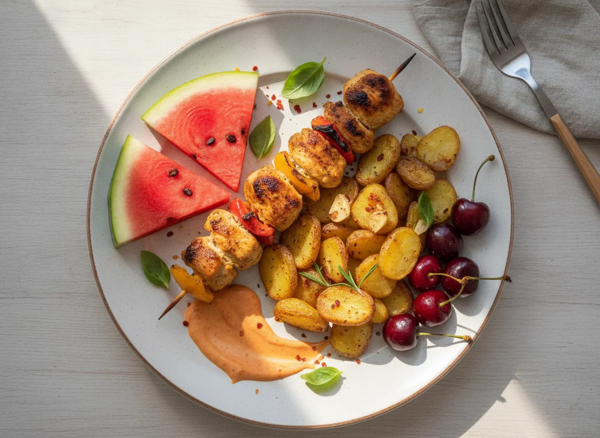 Roasted potatoes with chicken skewer, watermelon, and cherries photo