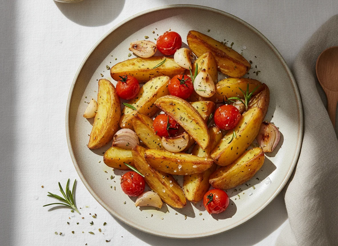 Roasted potatoes with rosemary, garlic, and cherry tomatoes photo