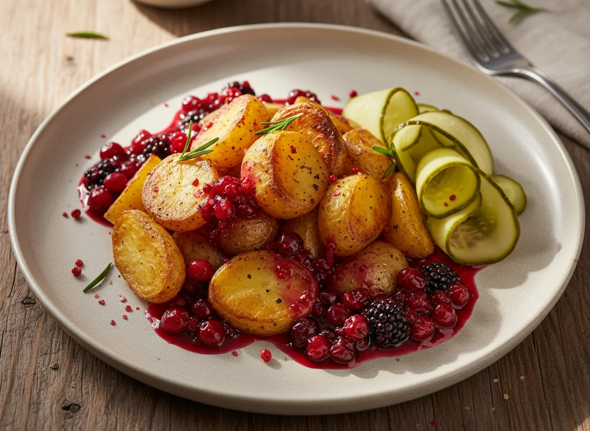 Roasted Potatoes with Sauce and Pickled Cucumber photo