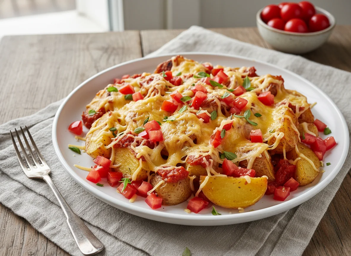 Roasted Potatoes with Tomato Sauce and Cheese photo