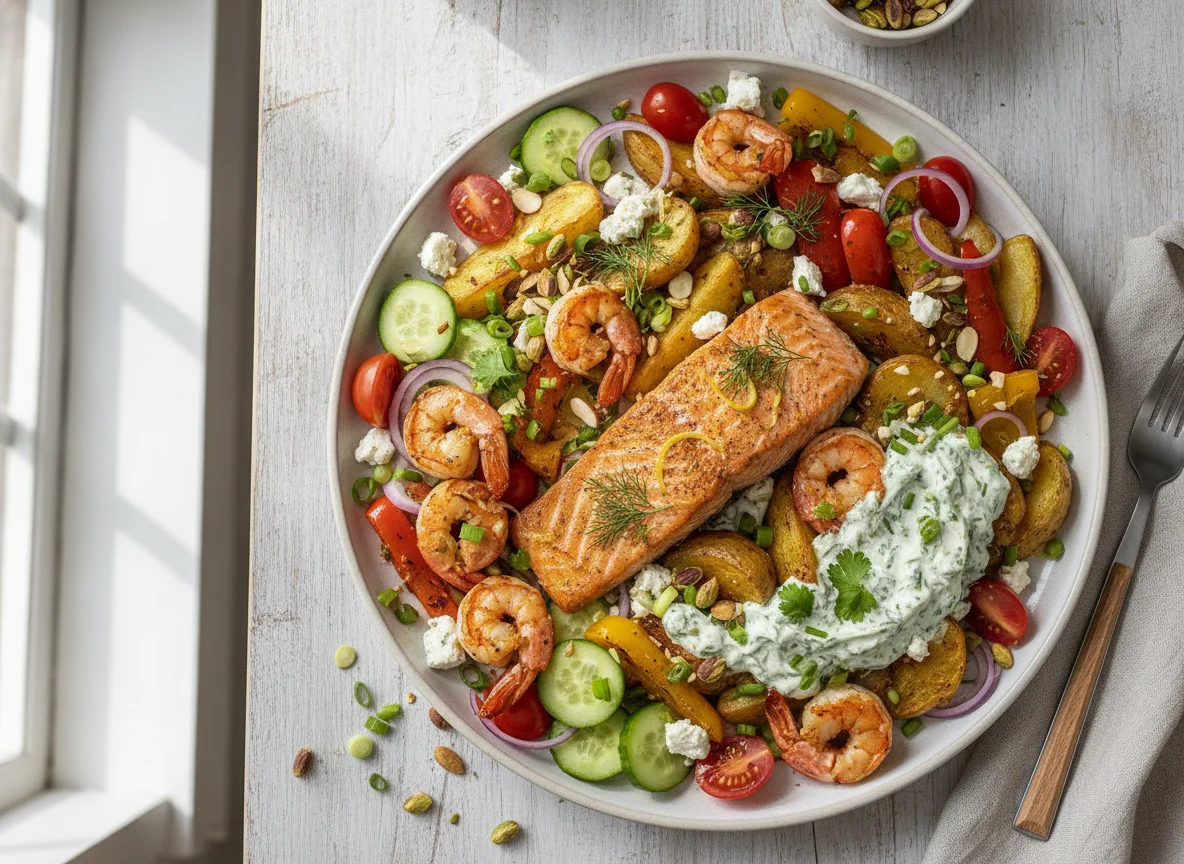 Roasted Salmon and Prawns with Mediterranean Salad and Potatoes photo