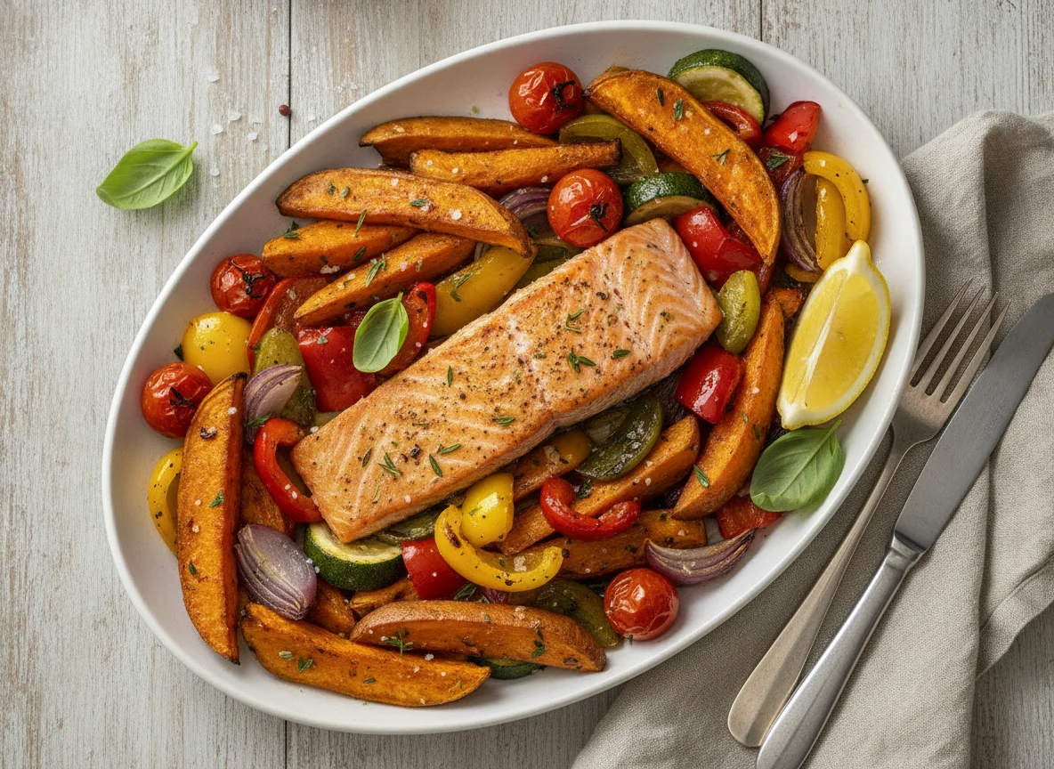 Roasted Salmon with Mediterranean Vegetables and Sweet Potato Wedges photo