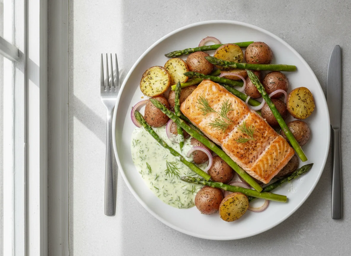 Roasted Salmon with Potatoes and Asparagus photo