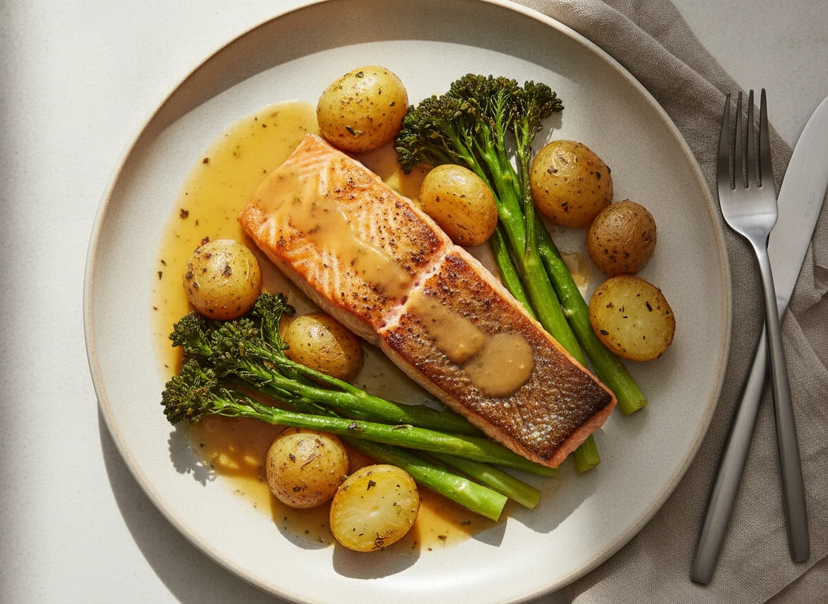 Roasted Salmon with Potatoes and Tenderstem Broccoli photo