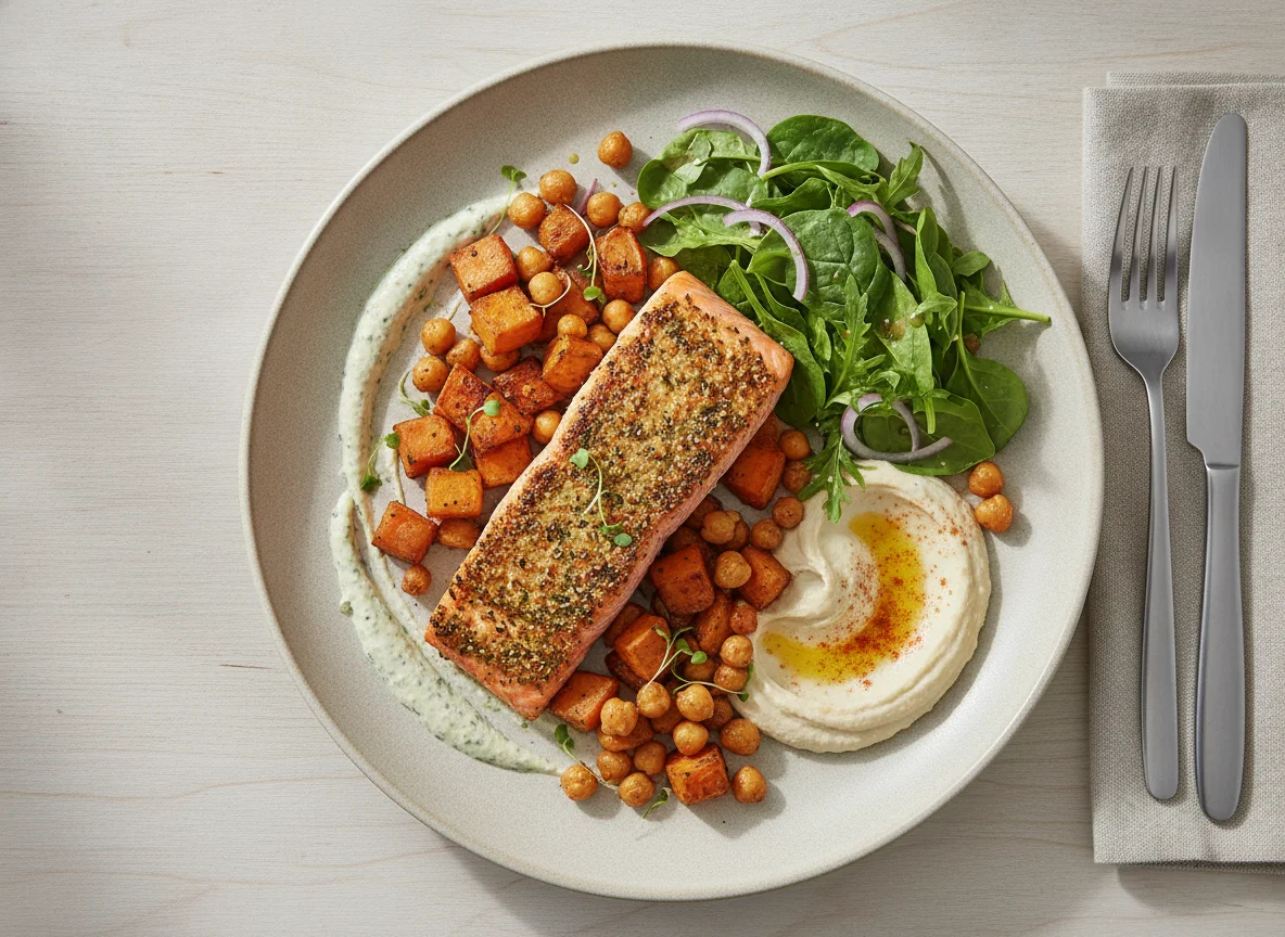 Roasted Salmon with Sweet Potato, Chickpeas, and Salad photo