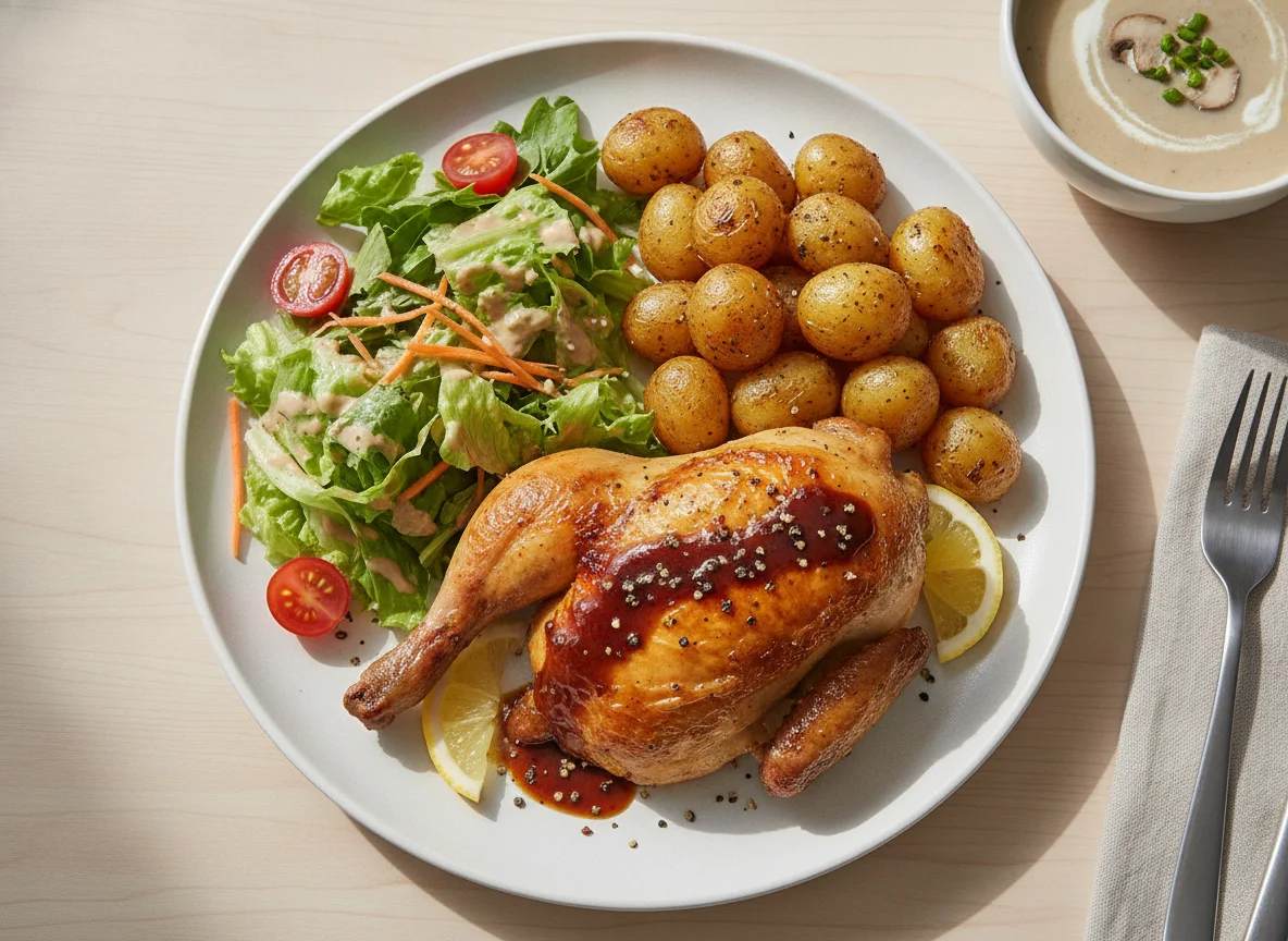 Roasted Spring Chicken with Roasted Potatoes and Salad photo