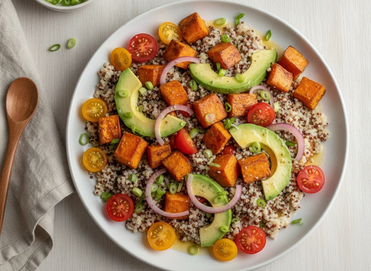 Roasted Sweet Potato and Avocado Salad with Quinoa and Rice photo