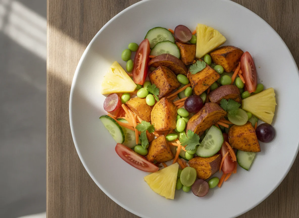 Roasted sweet potato with fresh vegetables and fruit photo