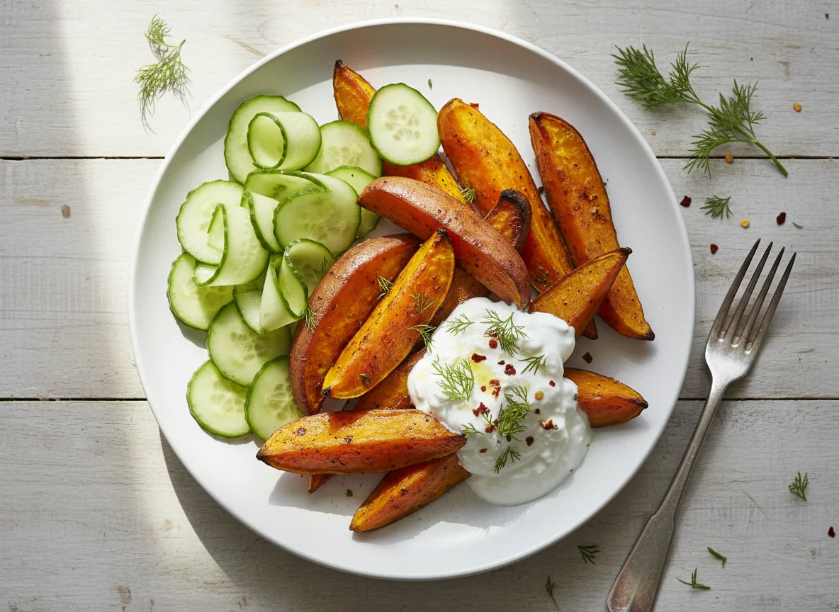 Roasted Sweet Potatoes with Cucumber and Creamy Topping photo
