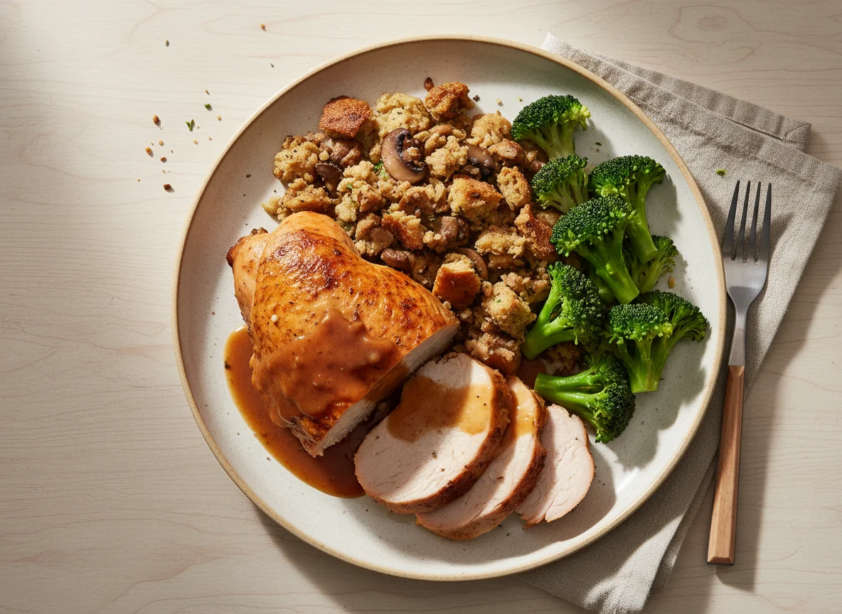 Roasted Turkey Dinner with Stuffing, Gravy, and Broccoli photo