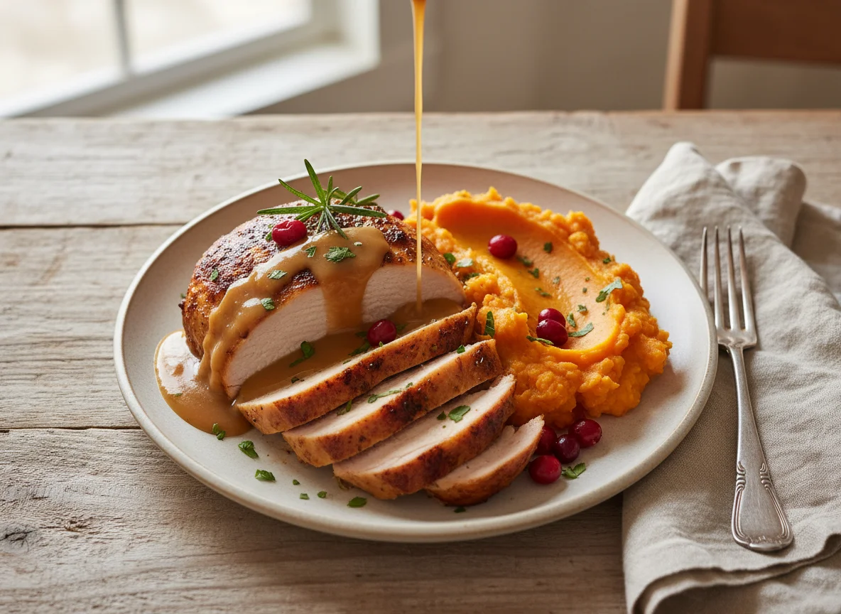 Roasted Turkey with Gravy and Sweet Potato Mash photo