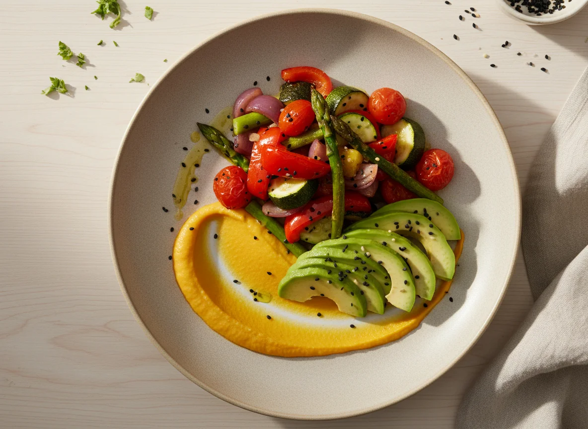 Roasted Vegetable and Avocado with Yellow Puree photo