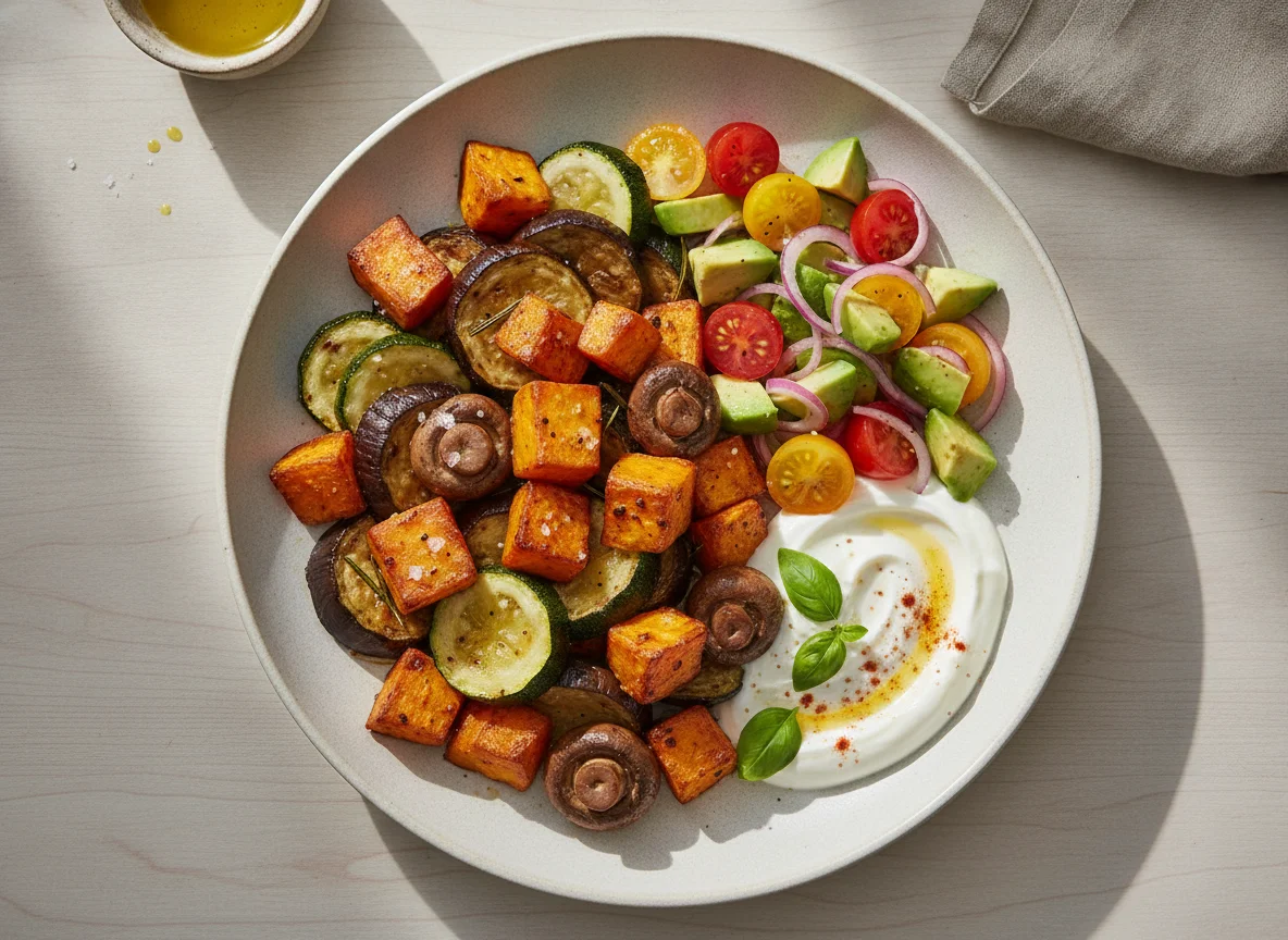 Roasted Vegetable Medley with Avocado Salad and Yogurt Sauce photo