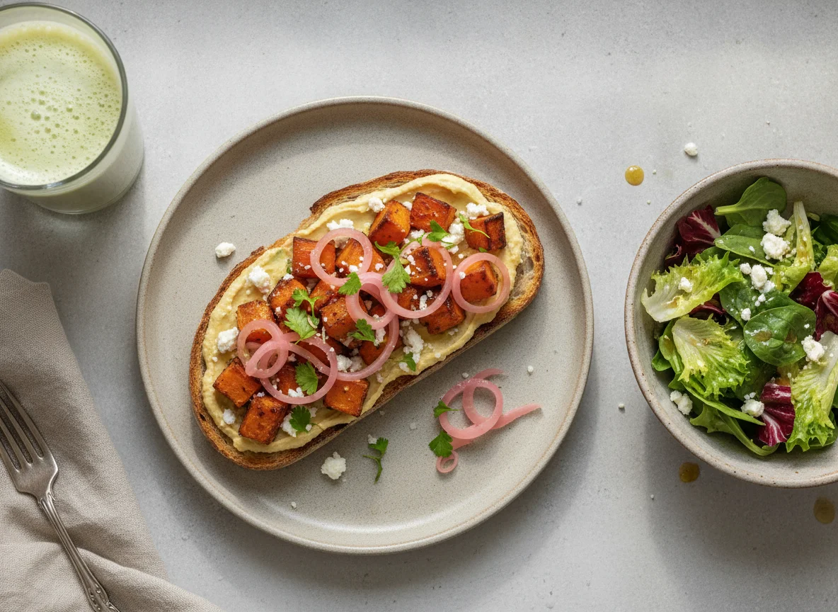 Roasted Vegetable Tartine with Side Salad and Feta photo