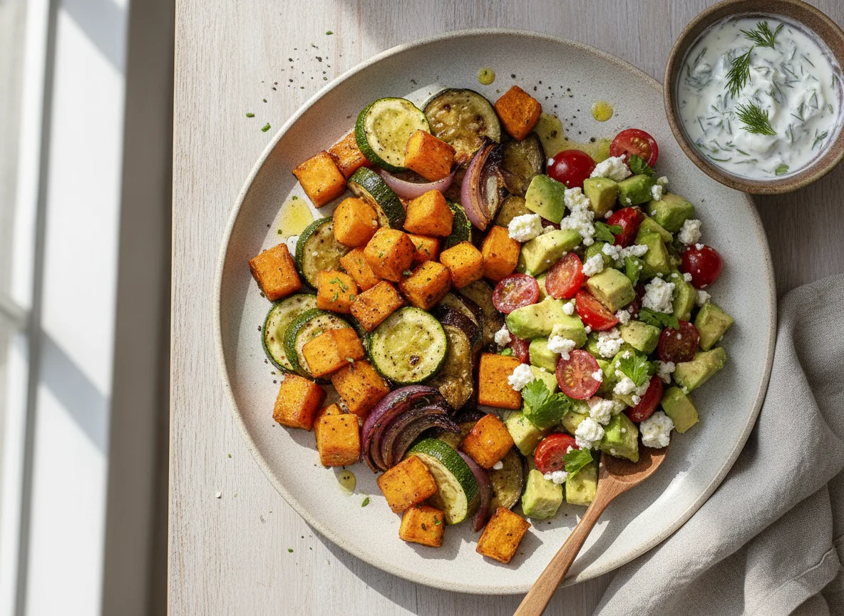 Roasted Vegetables with Avocado Tomato Salad and Yogurt Dip photo