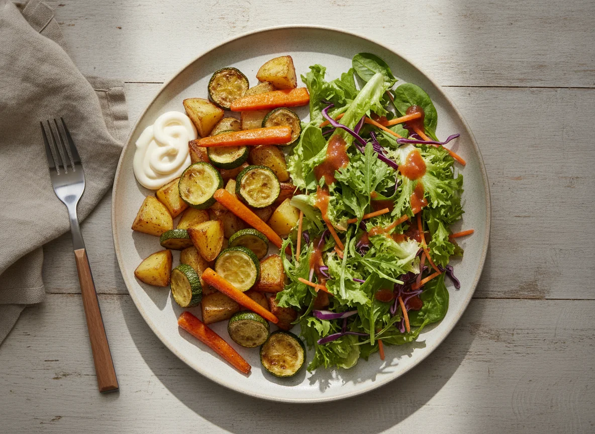 Roasted vegetables with mixed salad and mayonnaise photo