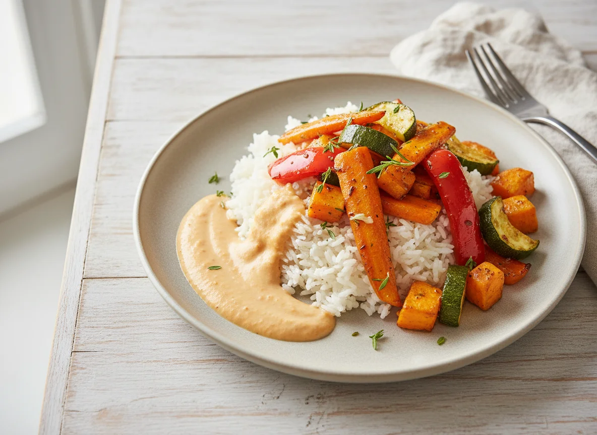 Roasted Vegetables with Rice and Creamy Sauce photo