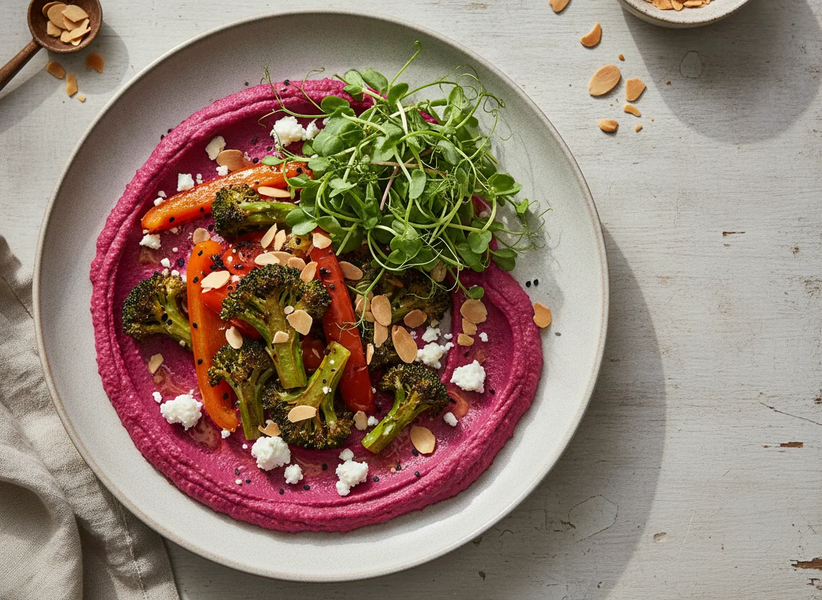 Roasted Veggies, Microgreens & Beetroot Hummus Salad photo