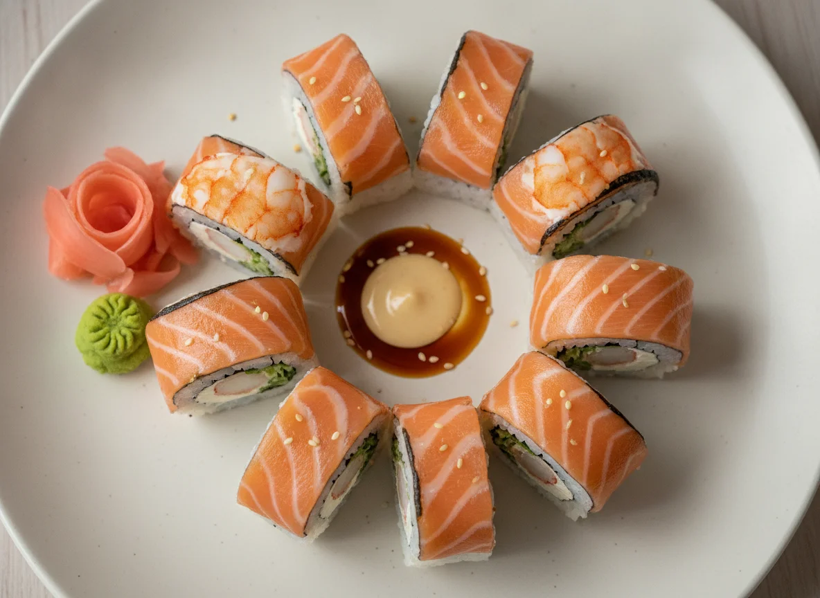 Roll with langoustine, tataki salmon and Philadelphia cheese photo