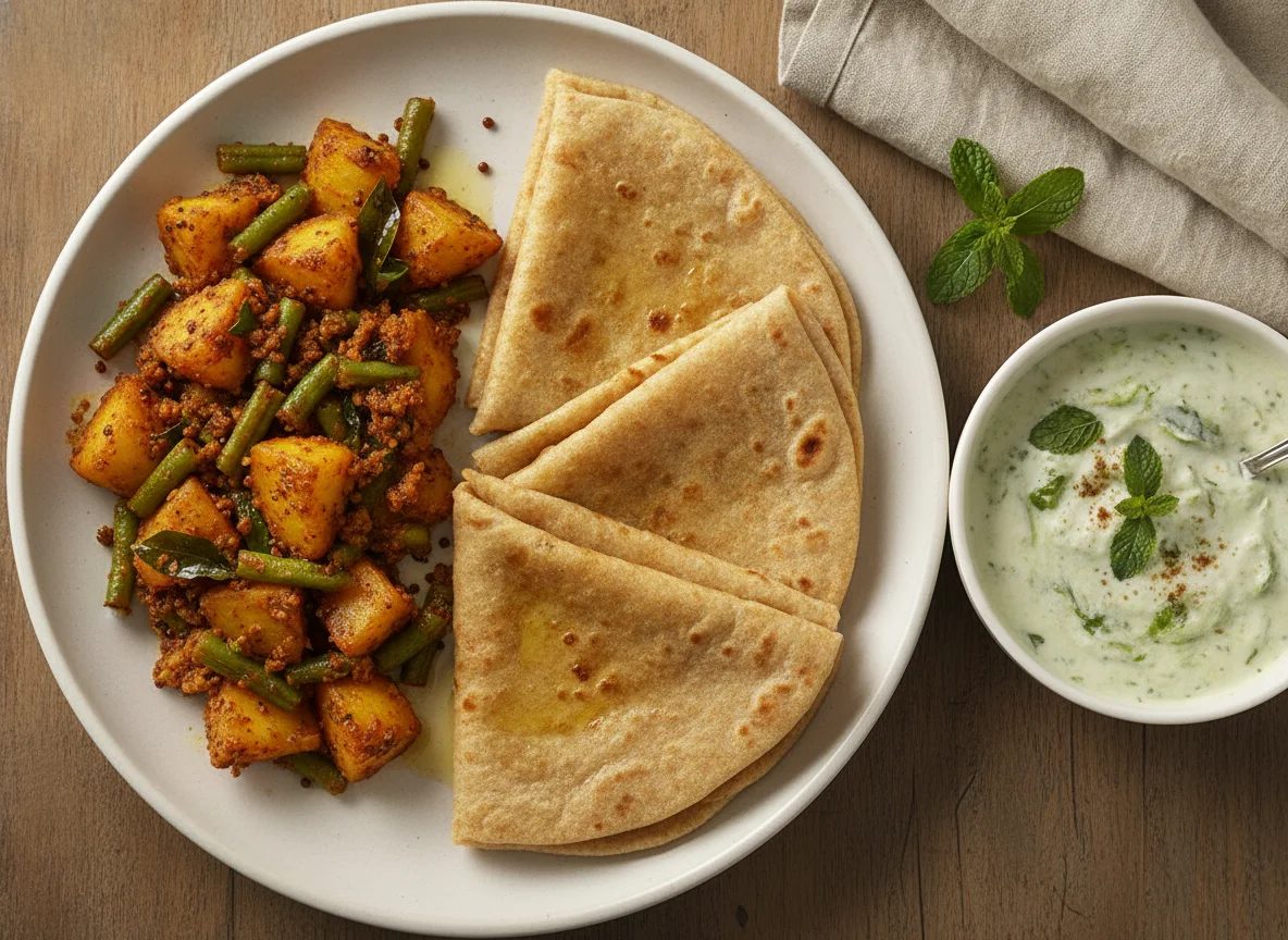 Roti with Aloo Beans Sabzi and Mint Raita photo
