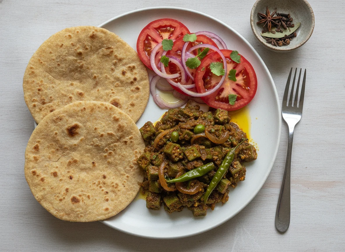 Roti with Bhindi Masala and Tomato Salad photo