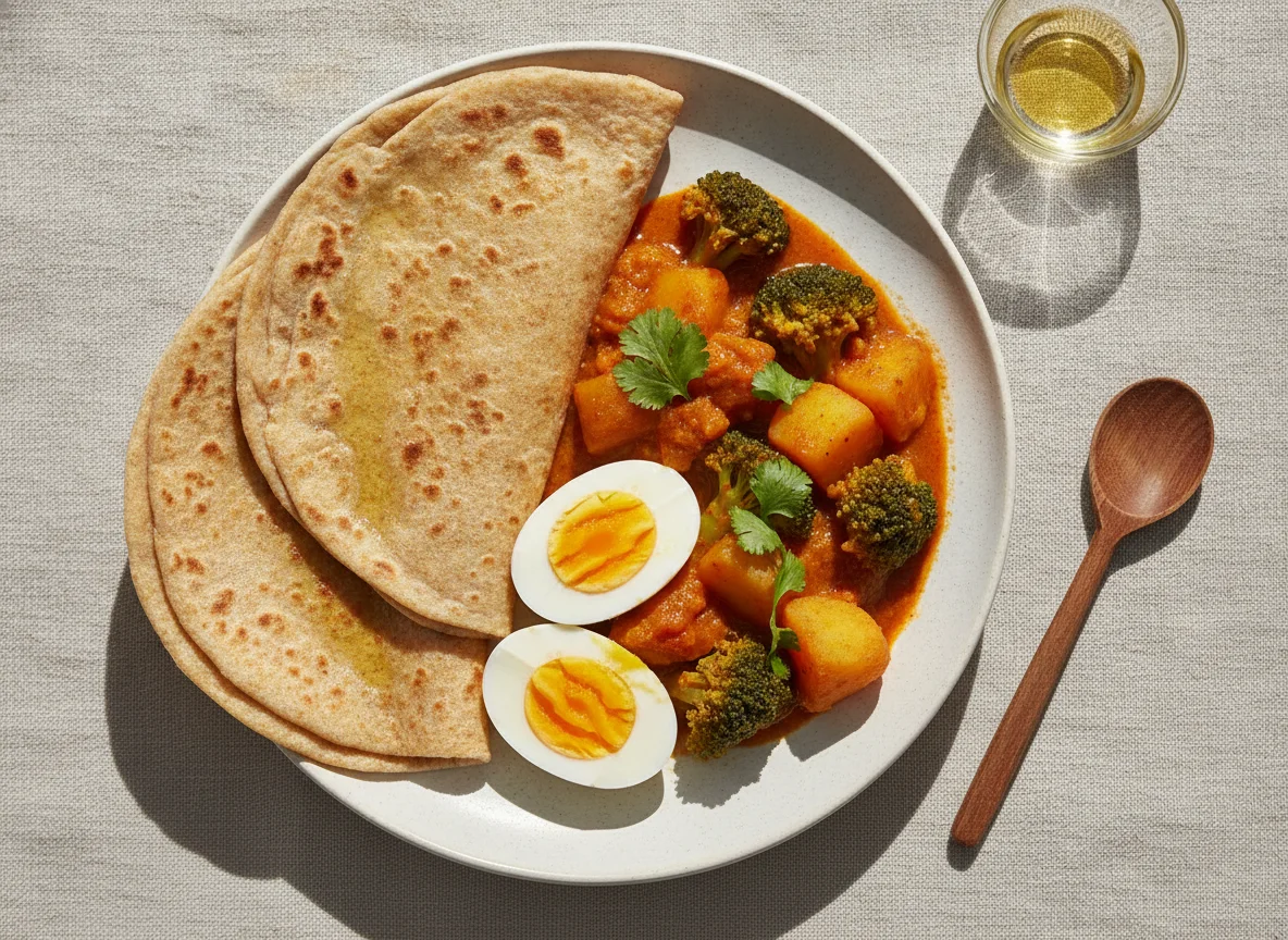 Roti with Boiled Eggs and Vegetable Curry photo