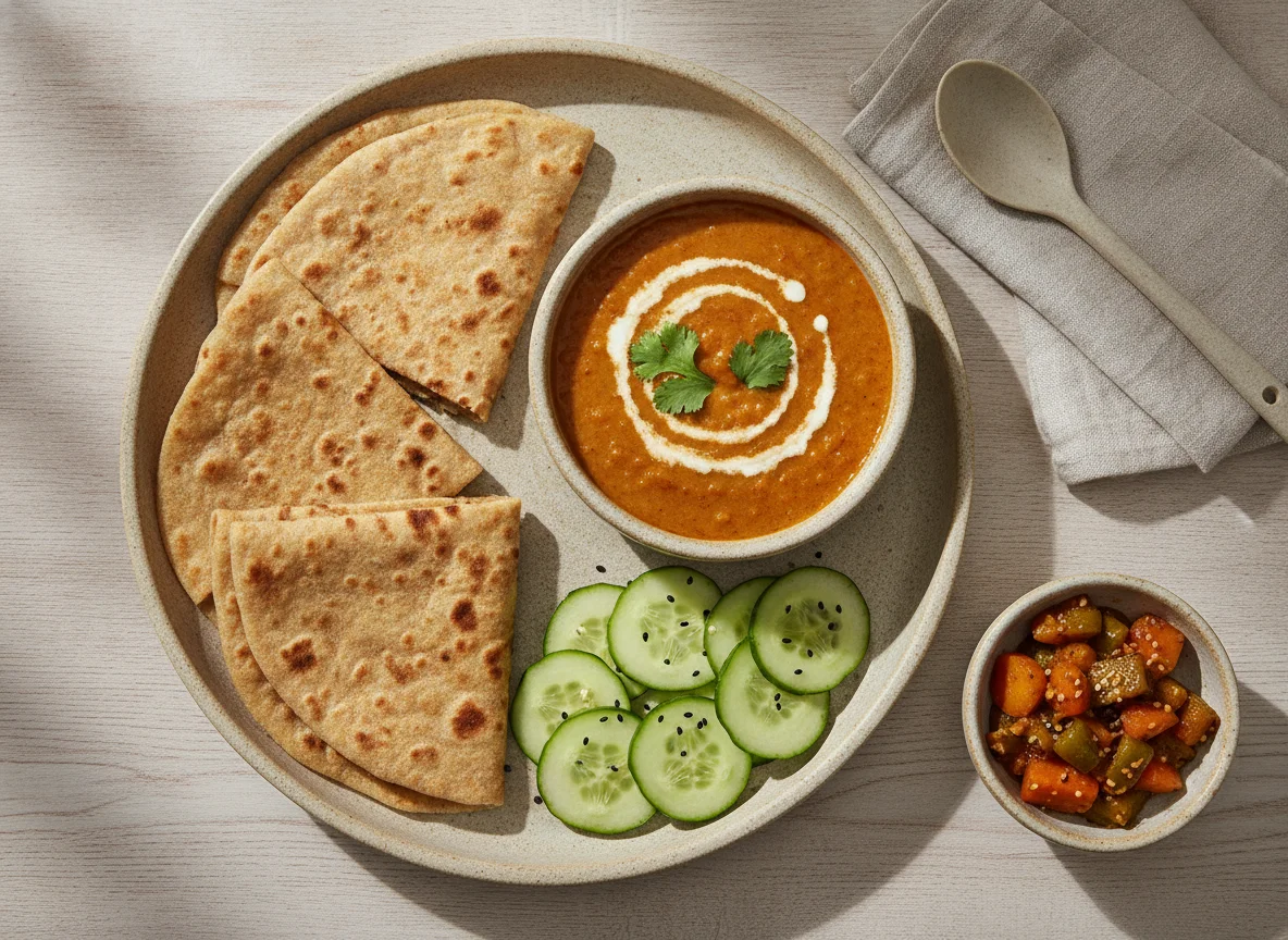 Roti with Dal and Cucumber photo