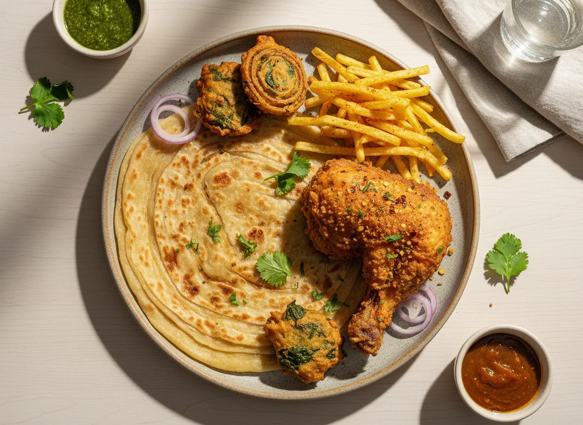 Roti with Fried Chicken and Potato Sticks photo