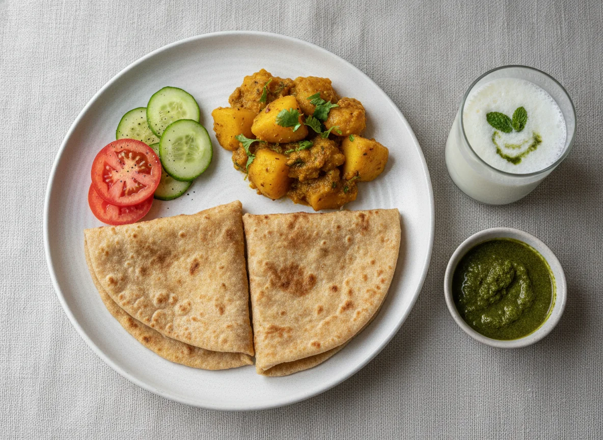 Roti with Potato Curry, Salad, and Buttermilk photo