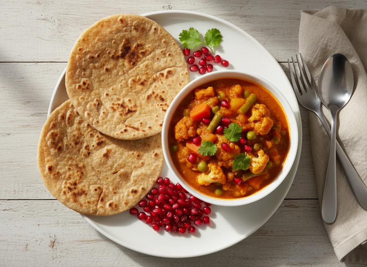 Roti with Vegetable Curry and Pomegranate photo
