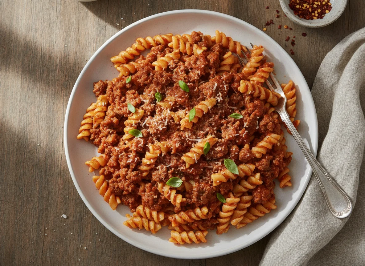 Rotini Pasta with Ground Beef and Tomato Sauce photo