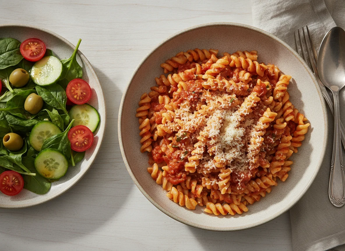 Rotini Pasta with Tomato Sauce and Garden Salad photo