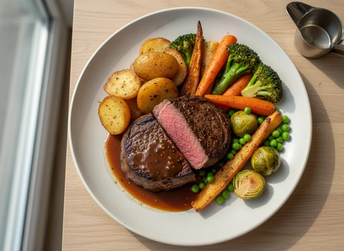 Rump Steak Dinner with Roasted Vegetables and Gravy photo
