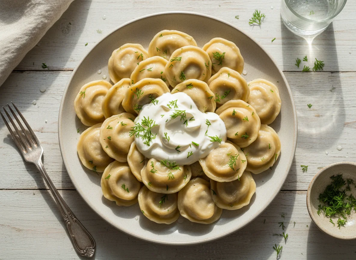 Russian Beef Pelmeni with Sour Cream and Dill photo