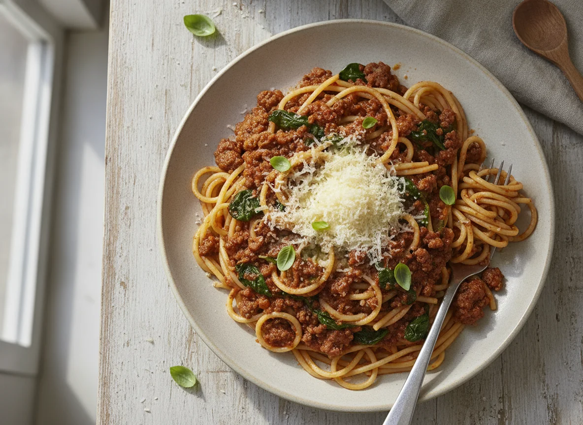 Rustic Beef and Spinach Spaghetti Bolognese photo