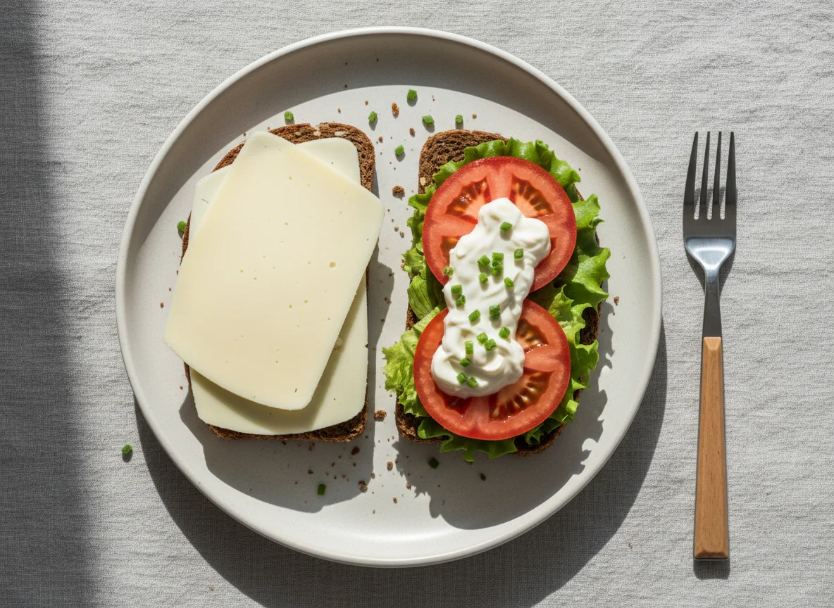 Rye bread sandwich with cheese and vegetables photo