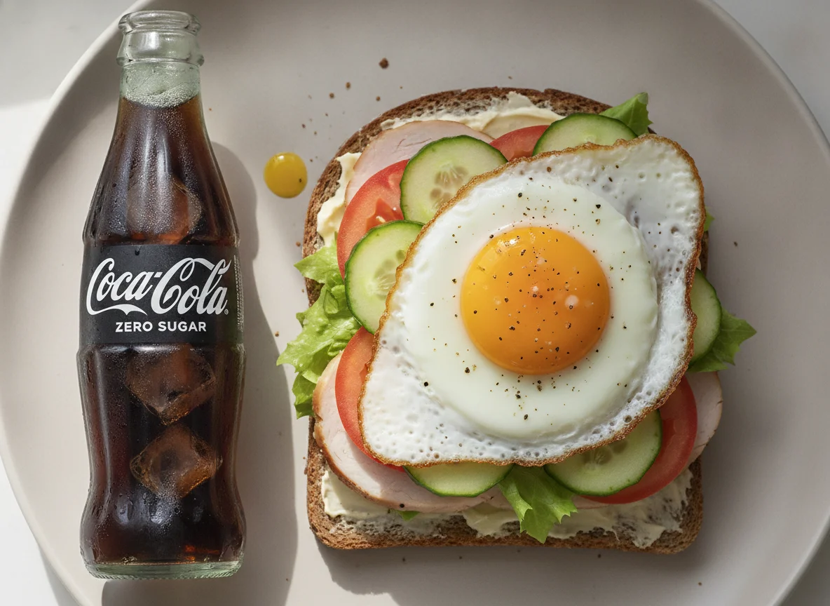 Rye bread sandwich with fried egg and Coca-Cola Zero Sugar photo