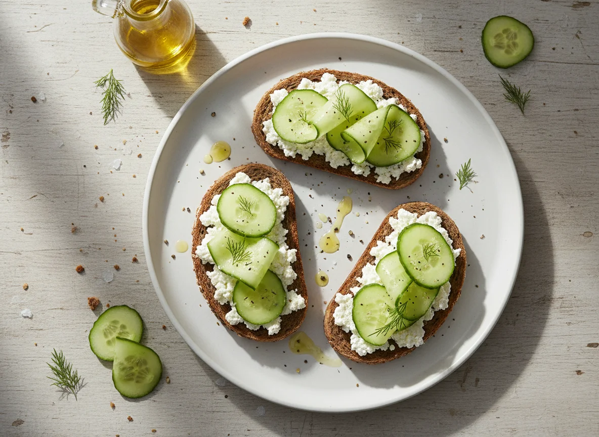 Rye Bread Toast with Cottage Cheese and Cucumber photo