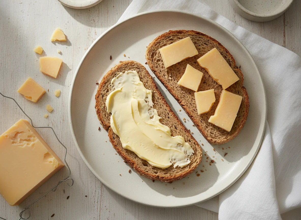 Rye bread with butter and cheese photo