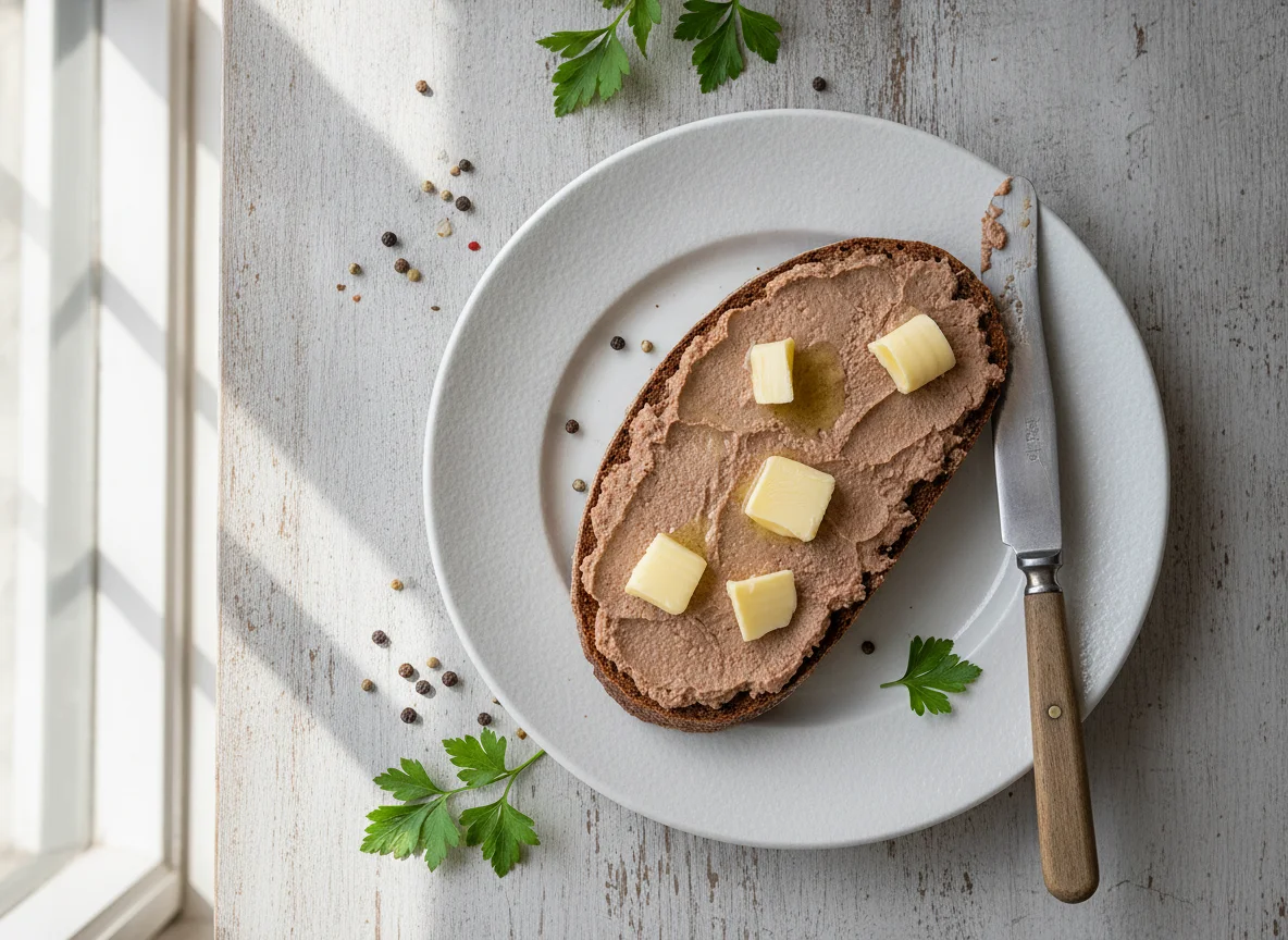 Rye bread with butter and liver pate photo