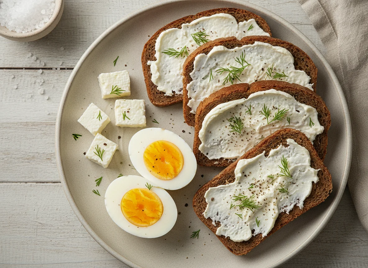 Rye bread with cheese and boiled eggs photo