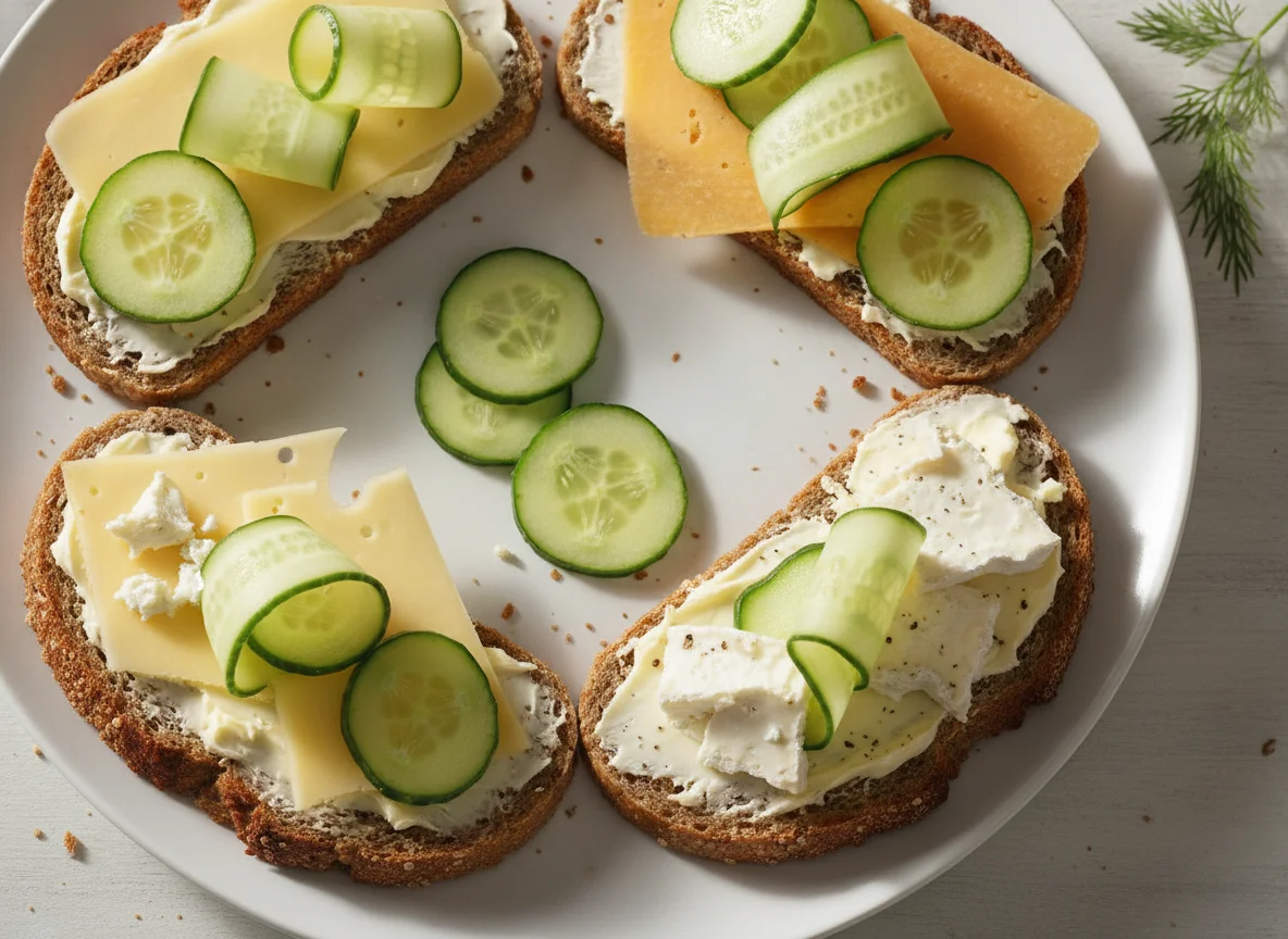 Rye bread with cheese and cucumber photo