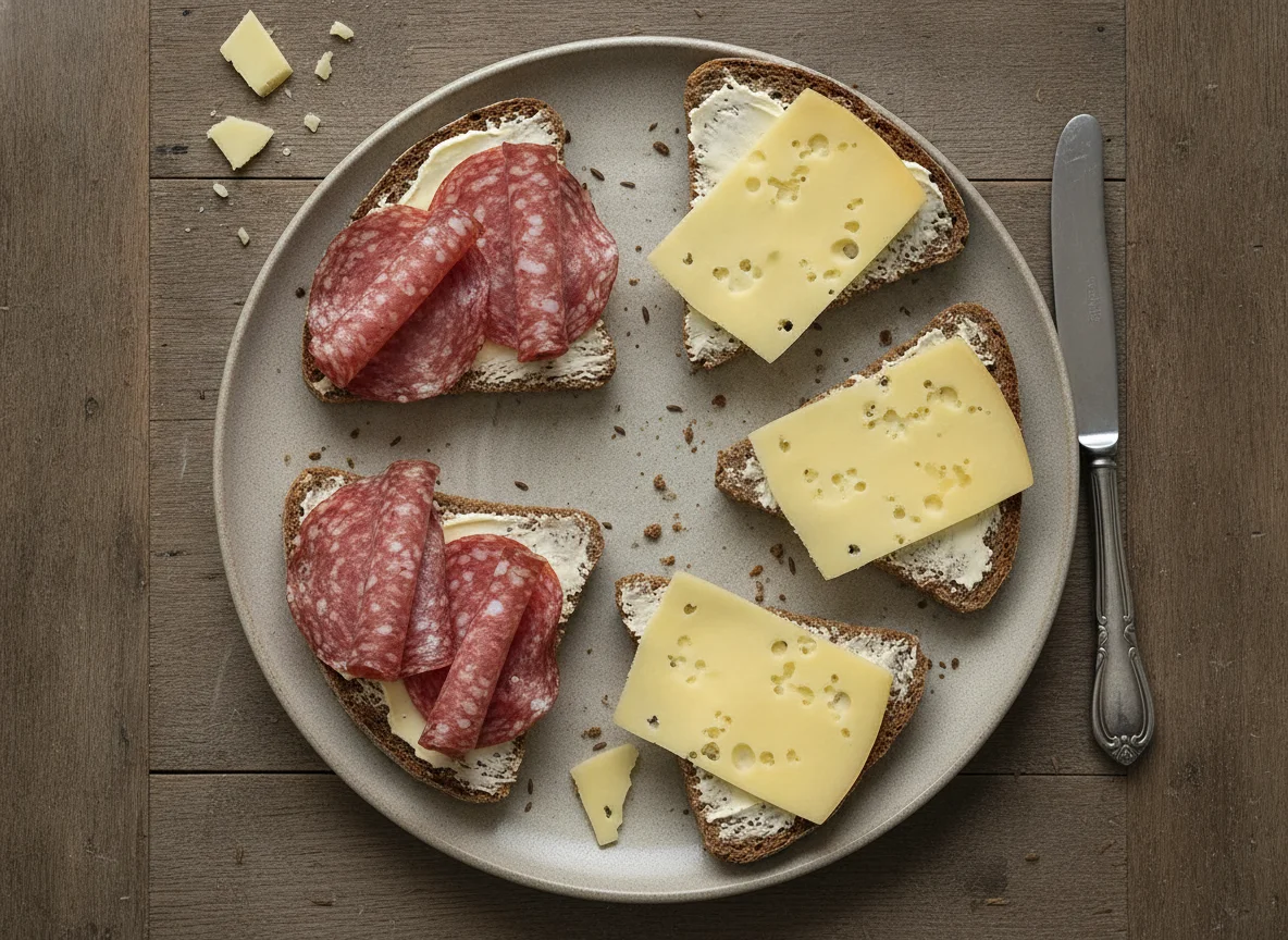 Rye bread with cheese and salami photo