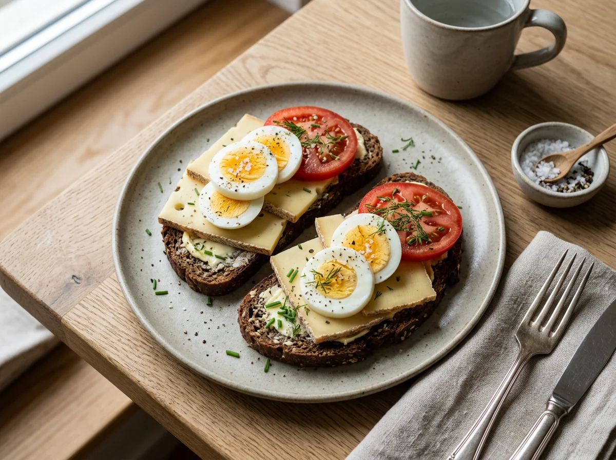 Rye Bread with Cheese, Eggs, and Tomato photo