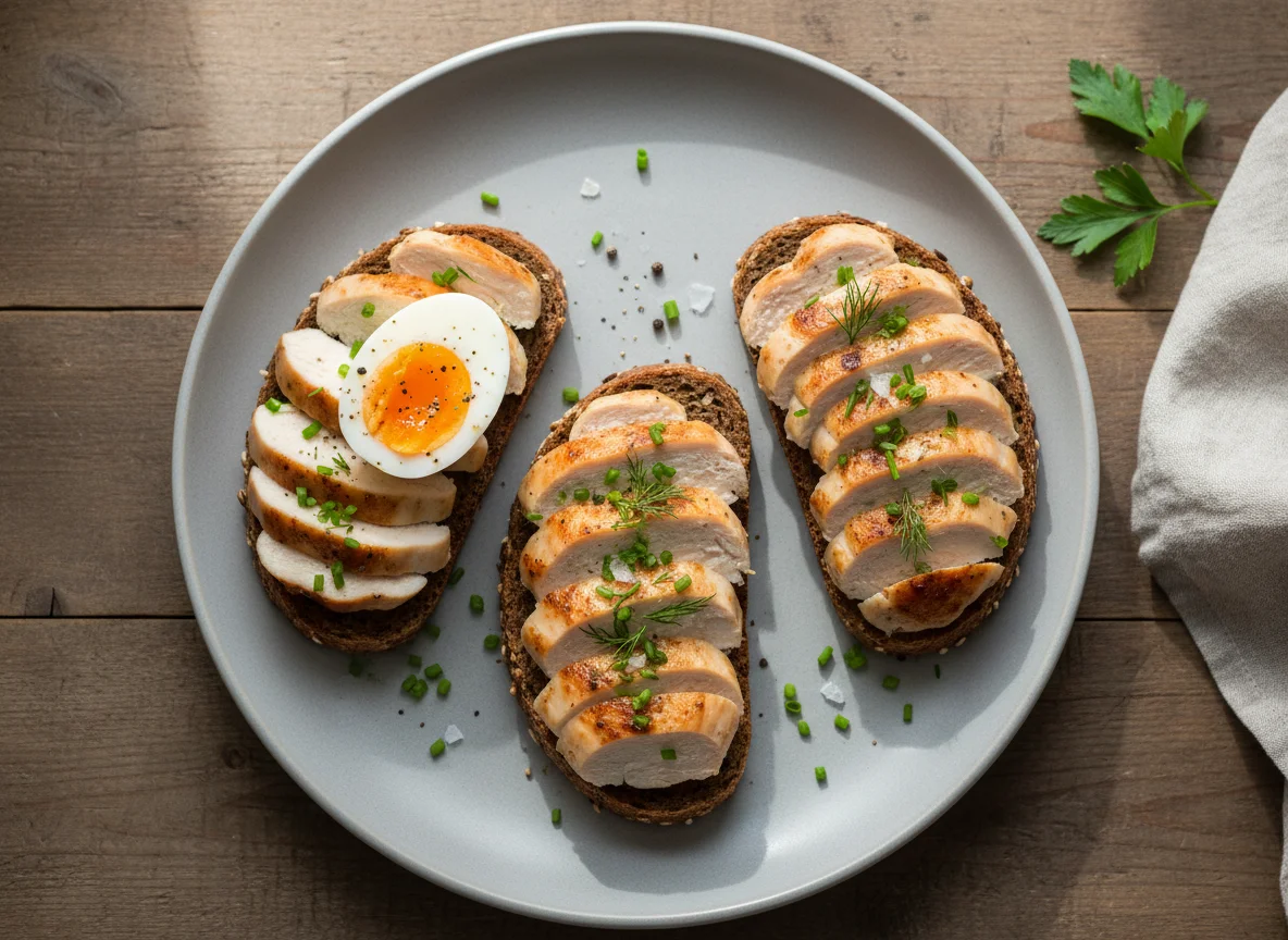 Rye bread with chicken breast and egg photo