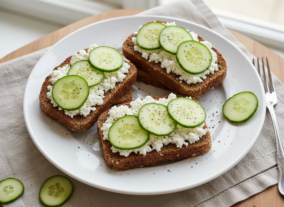 Rye bread with cottage cheese and cucumber photo