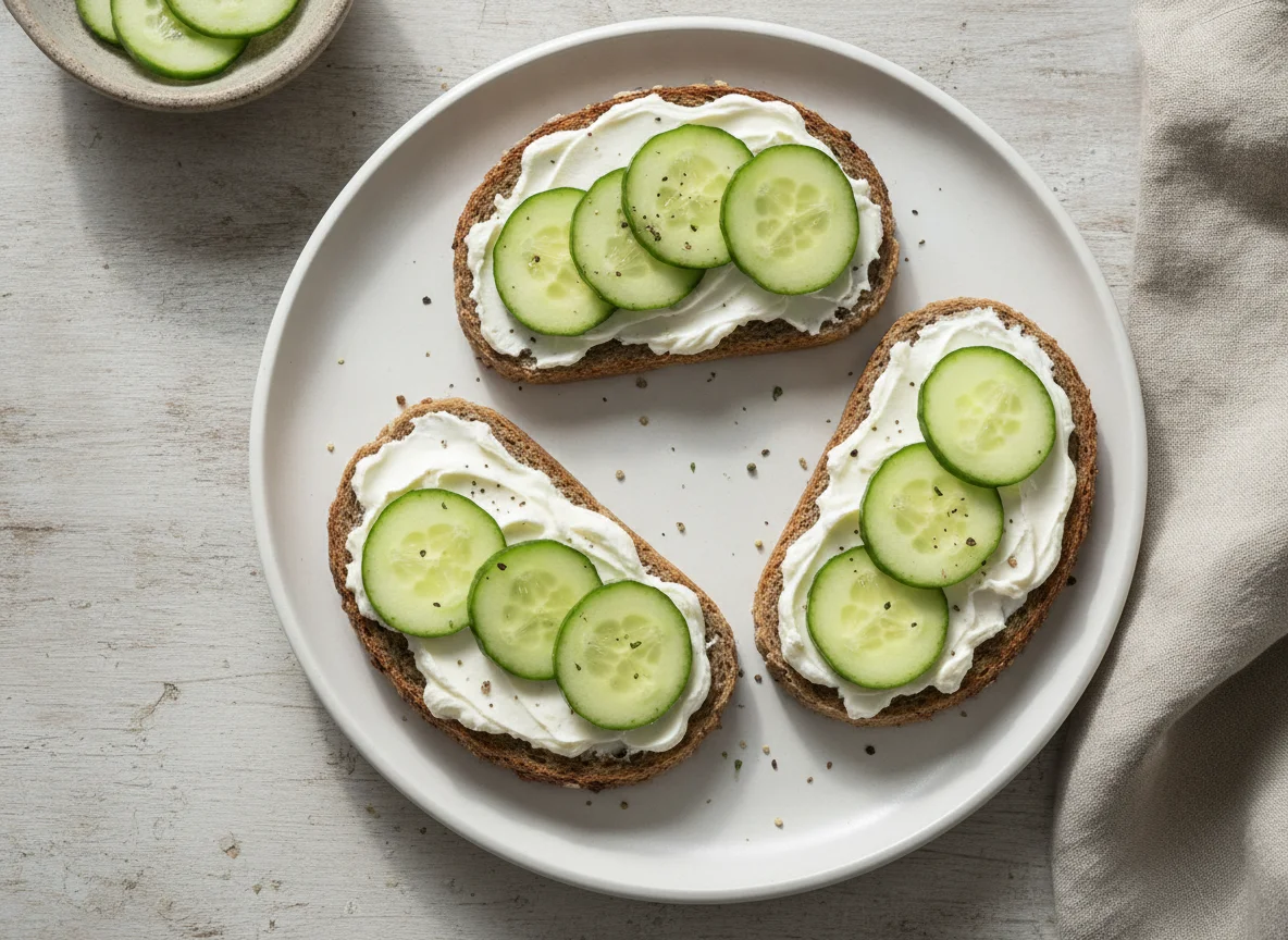 Rye bread with cream cheese and cucumber photo