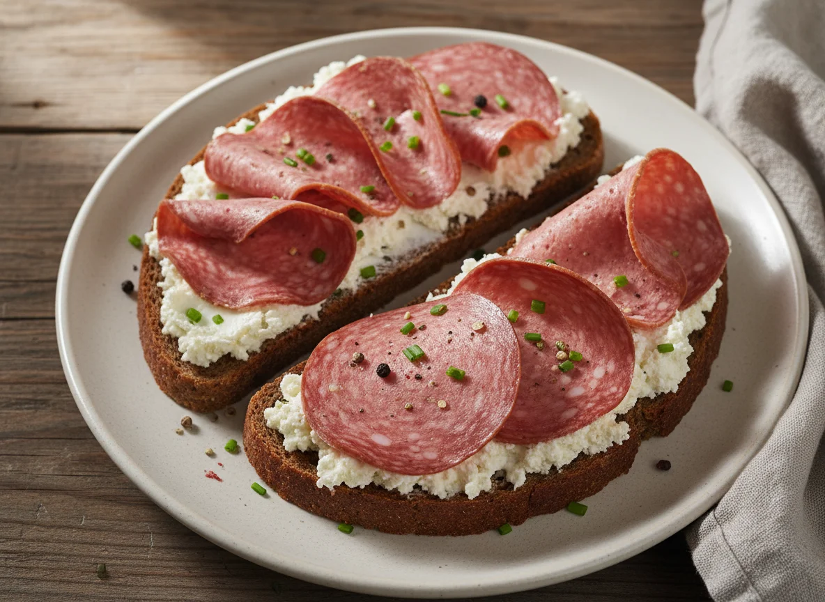 Rye bread with cream cheese and sausage photo