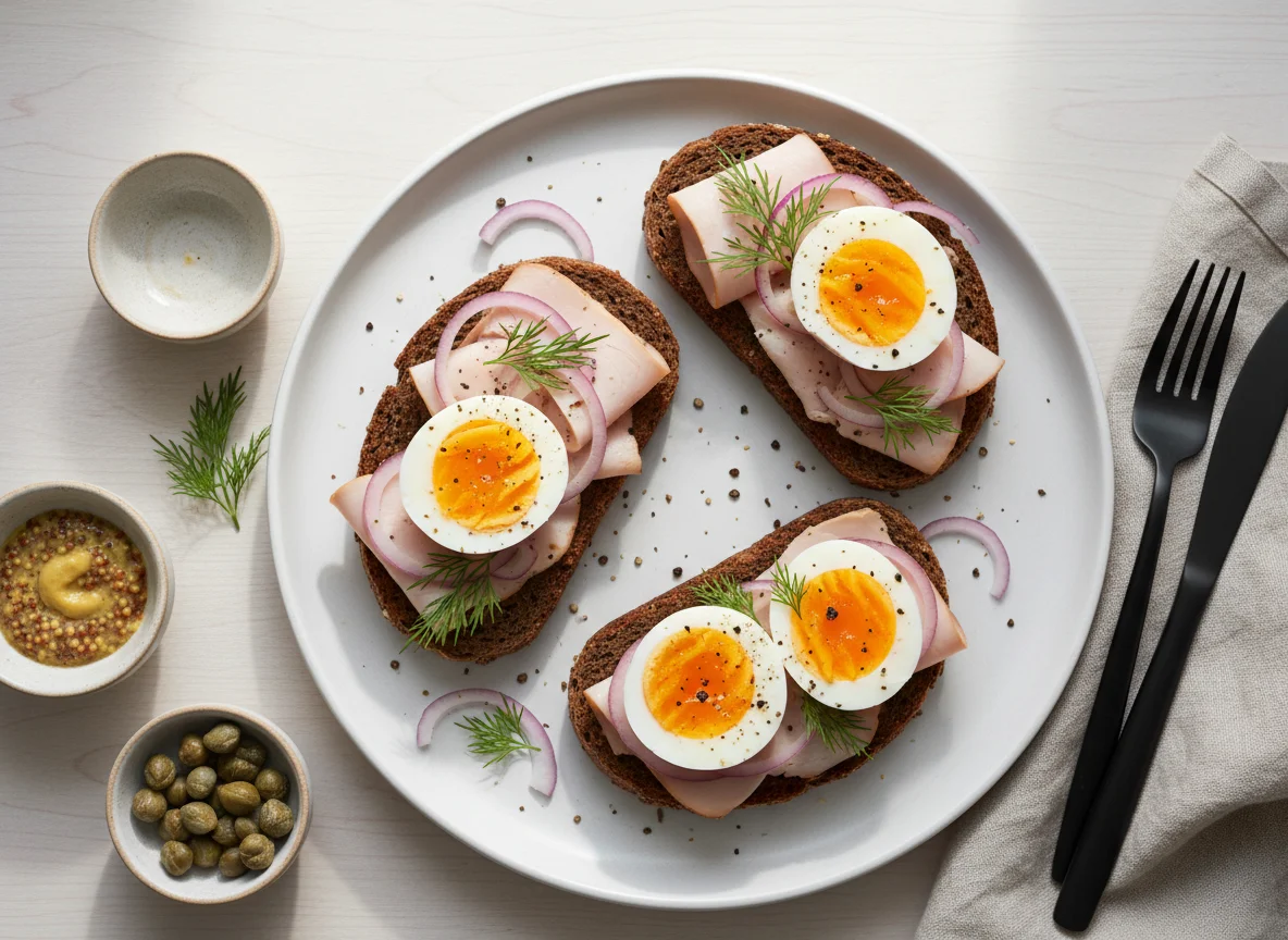 Rye bread with egg and cold cuts photo
