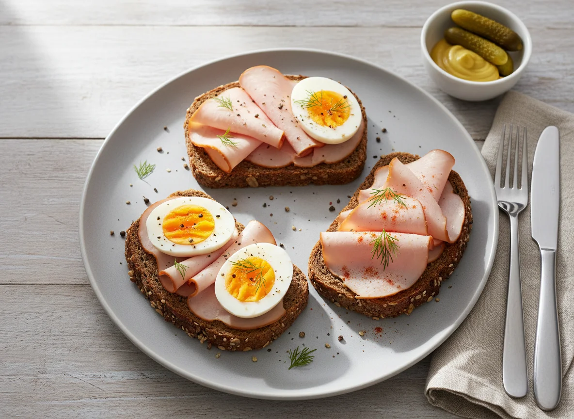 Rye bread with egg and deli meat photo